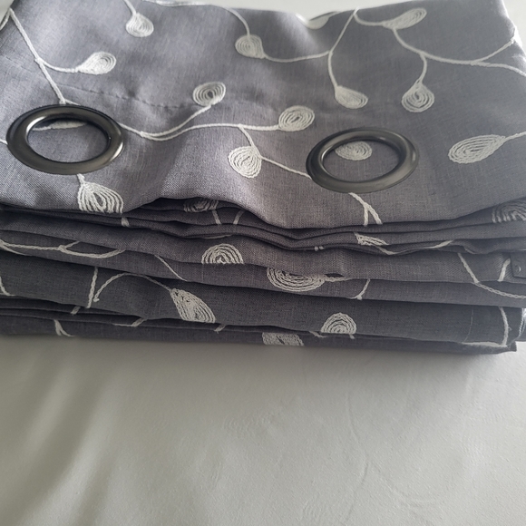 Floral Embroidered Semi Sheer Curtains Faux Linen Grommet Curtain Panels 52 x 95 - Picture 10 of 15